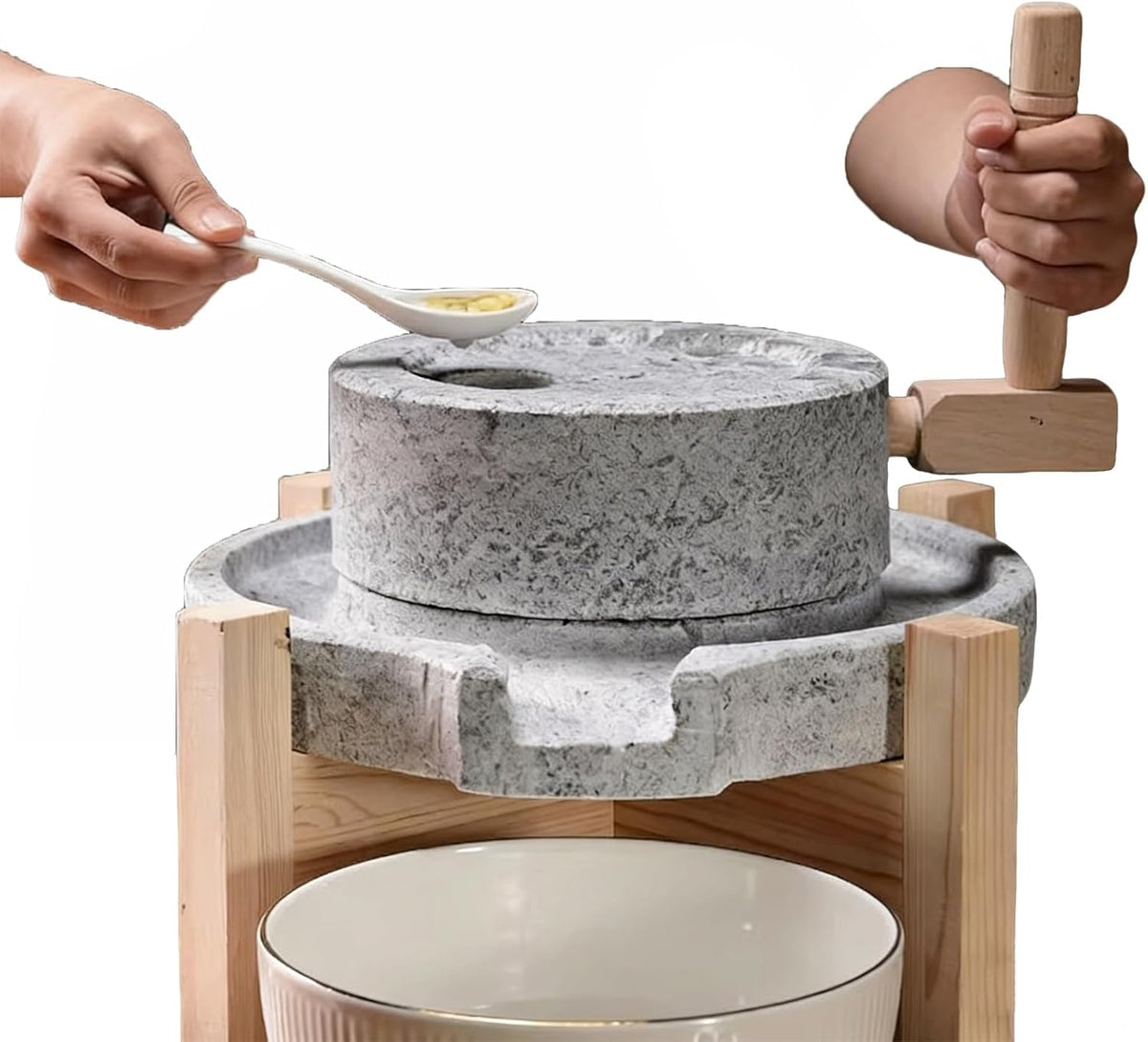 Große Blaustein Getreidemühle - Handgemachte Steinmühle mit Holzrahmen - Trocken und Nassmühle für Bohnen Paste und Getreidepulver - Manuelle Haushaltsmühle