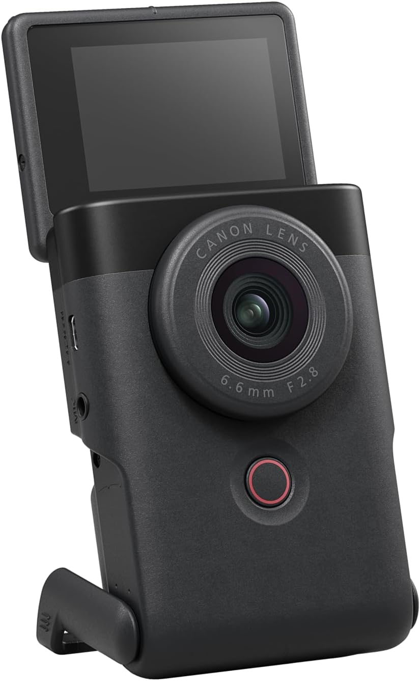 Canon PowerShot V10 Vlogging Kit Kompaktkamera - 4K Videokamera mit Weitwinkel Objektiv - klappbares Touch Display Stereo Mikrofon und Stativ - WLAN Streaming für YouTube in Schwarz