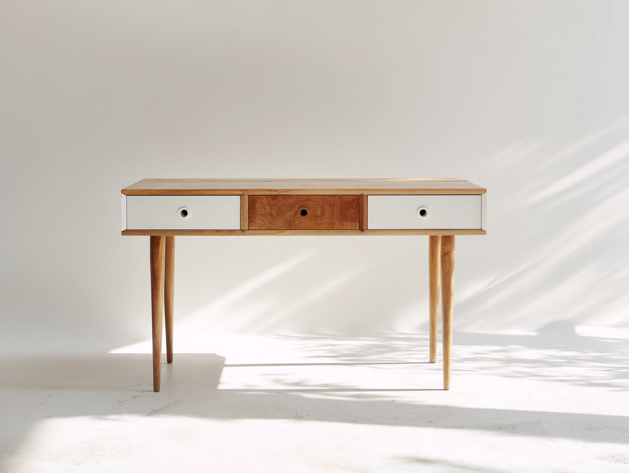 Schreibtisch Holz Massiv 120x50x75 cm Weiß Naturholz - Moderner Minimalistischer Arbeitsplatz Tisch mit 3 Schubladen