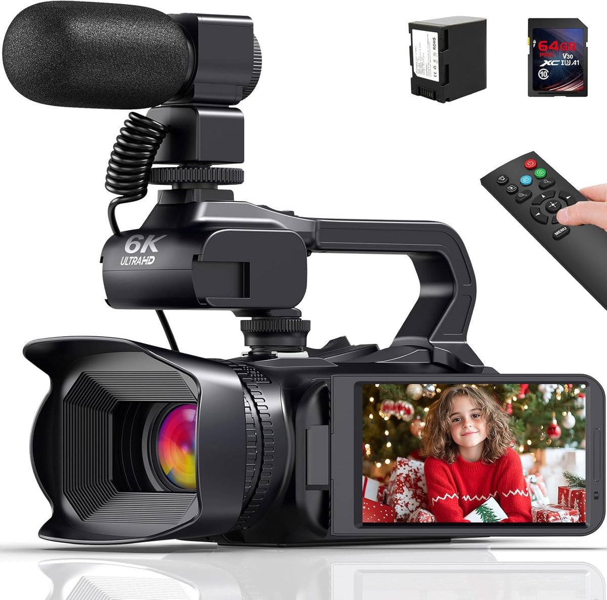 6K 64 MP Videokamera mit Nachtsicht - 18 fach Zoom für Vlogging und YouTube - WiFi Camcorder mit 4500 mAh Akku - Mit Stabilisator Mikrofon SD Karte und Fernbedienung