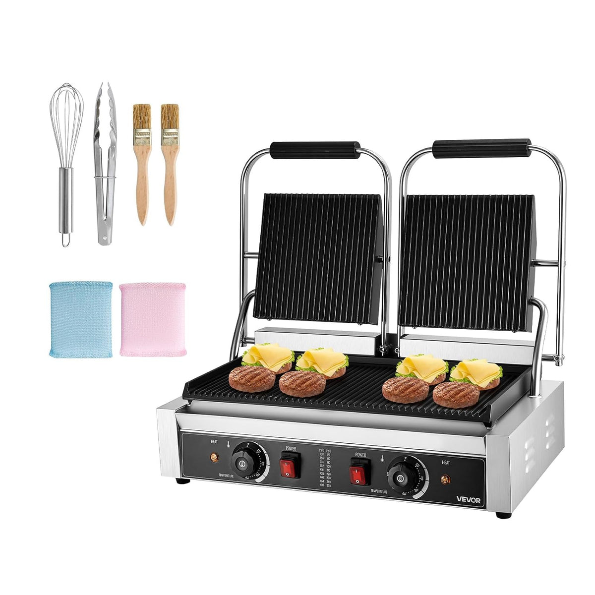 VEVOR Kontaktgrill Silber - 3600W mit Doppelbackplatten und 48 x 23cm gerillter Emailleplatte - Edelstahl mit präziser Temperaturregelung - abnehmbare Ölauffangschale für Gastronomie