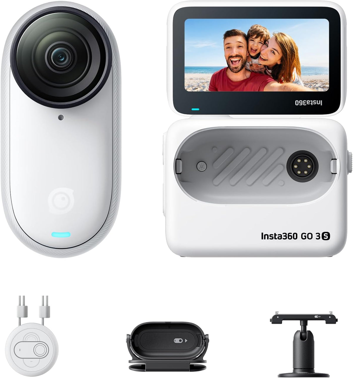 Insta360 GO 3S 64 GB Polarweiß - tragbare 4K Mini Kamera für Freihand POV und Vlogs - 140 Minuten Akku und 10m wasserdicht - Stabilisierung KI Bearbeitung und Apple Find My
