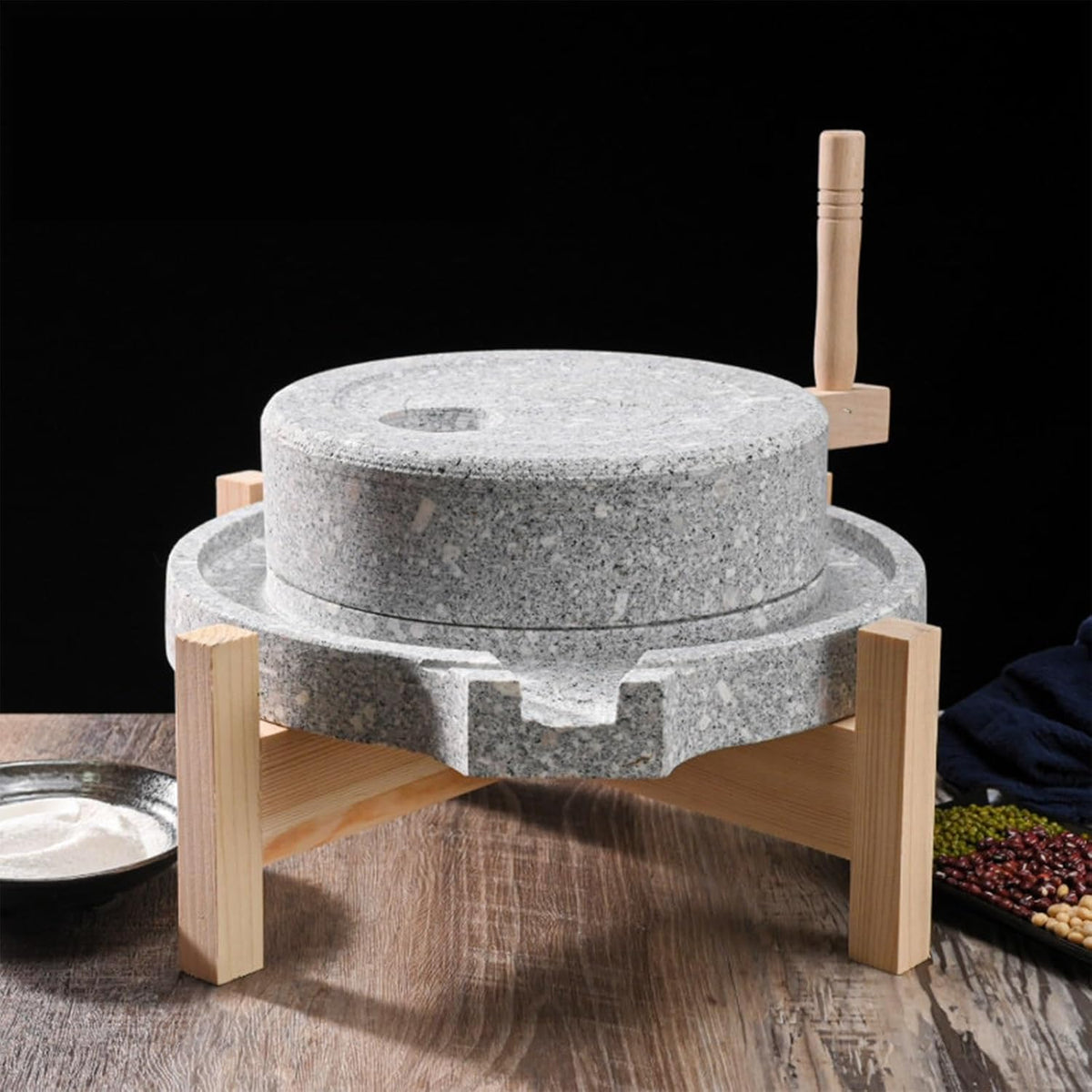 Manuelle Steinmühle mit Holzsockel - robuste traditionelle Mehlmühle - handbetriebene Getreidemühle - für Zuhause und Küche