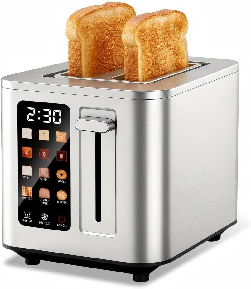 Toaster aus Edelstahl mit Touchscreen - 2 Scheiben mit 2 Schlitzen und 825W - 6 Bräunungsstufen und 6 Brotprogramme - digitaler Timer Auftauen und Bagel Funktion aus Edelstahl 304
