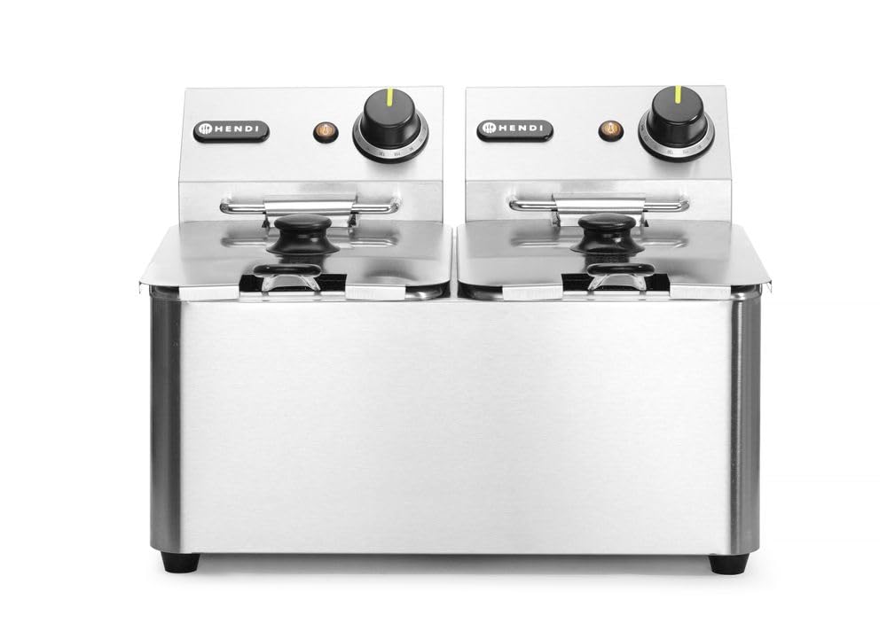 HENDI Fritteuse - 2 x 4L mit Temperatur bis 190 Grad - Edelstahl mit Kaltzone Frittierkorb und Deckel - herausnehmbare Becken und Sicherheitsthermostat für professionelle Küchen