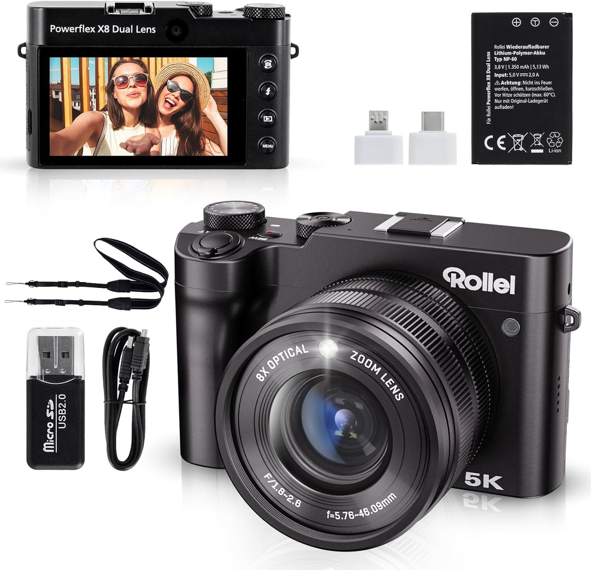 Rollei Powerflex Digitalkamera X8 Dual Lens - 64MP und 5K mit zwei Objektiven und 3,6 Zoll Touchscreen - 8fach optischer Zoom - tragbare Kompaktkamera für Anfänger in Schwarz