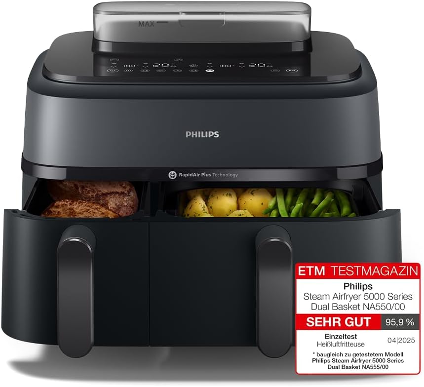 Philips Steam Airfryer Dual Basket 5000 Series NA550-00 - 9 Liter Heißluftfritteuse mit Dampfgarer und 2 Körben - RapidAir Plus - 19 Kochfunktionen und Dampfreinigung