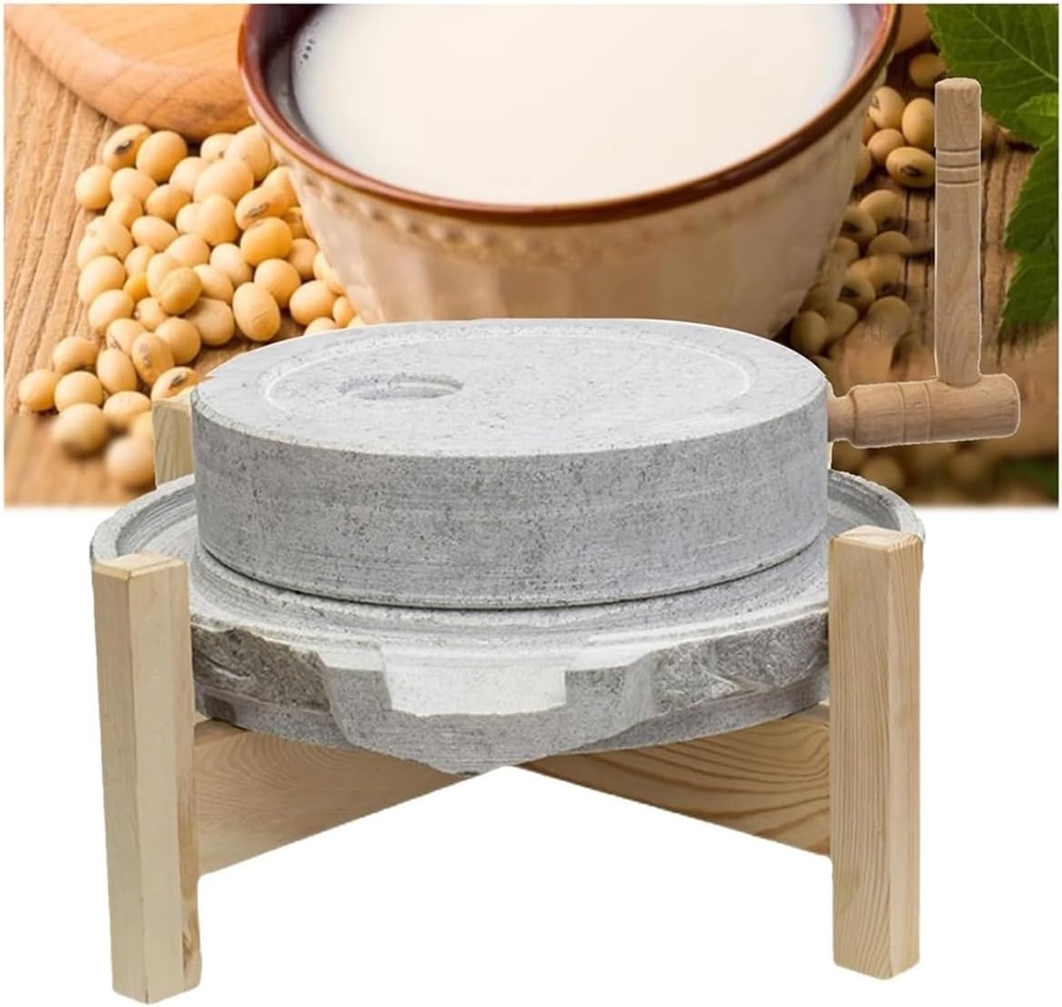 Manuelle Getreidemühle aus Kalkstein - Handgefertigte Steinmühle mit Holzständer - Handmühle zum Mahlen von Weizen und Getreide - Für die heimische Küche