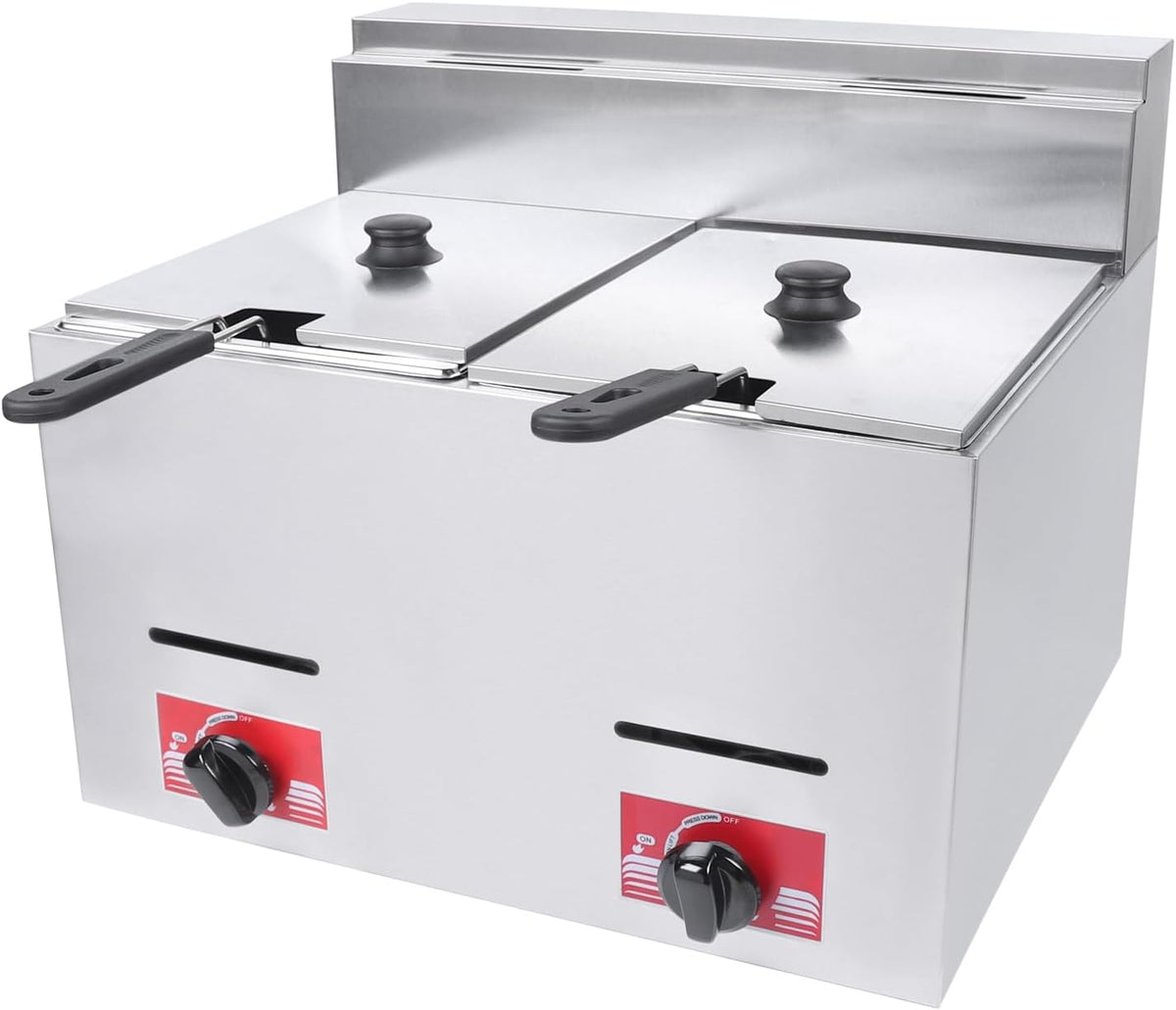 Gas Fritteuse 2 x 6L Doppel Gasfritteuse - Edelstahl mit 2 Filterkörben und Deckel - maximale Temperatur 200 Grad - Silber für Restaurant und Imbiss