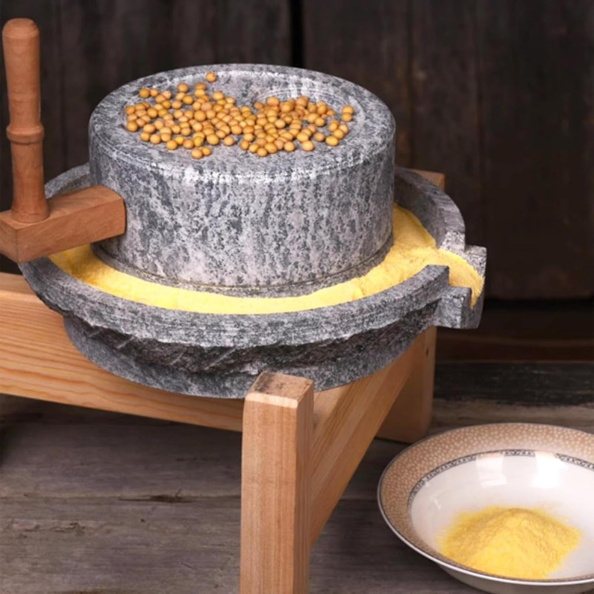Große Bluestone Mühle für den Haushalt - handgefertigte Steinmühle 25 x 35 cm - Nass- und Trockenmühle mit Holzrahmen - für Bohnen und Getreide