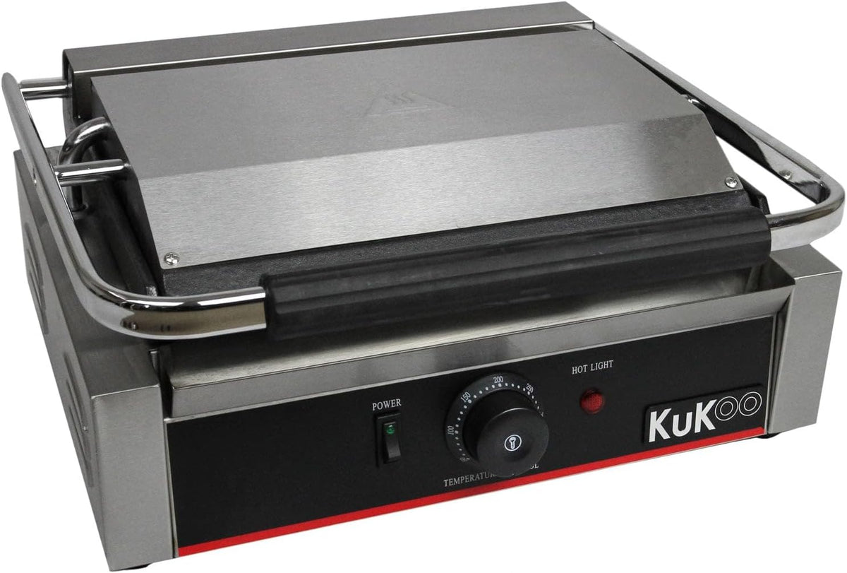 Monster Shop Paninigrill Edelstahl - 2200W gerillter Elektro Kontaktgrill - 43 x 31cm Grillfläche mit 2 Fettauffangschalen - inklusive Draht Reinigungsbürste für Sandwich und Panini