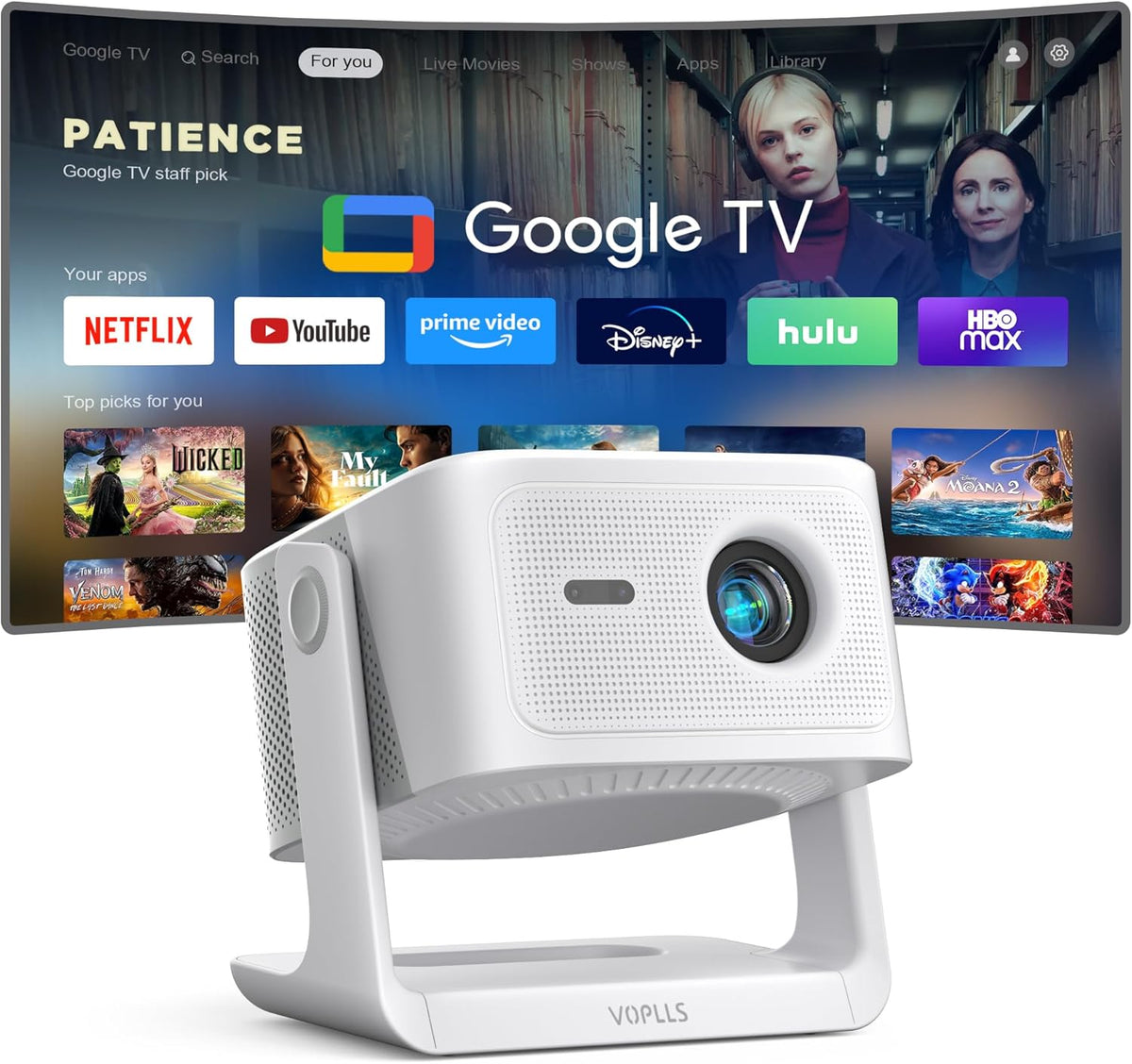 Smart Beamer Google TV VOPLLS - Tragbarer Full HD 1080p LCD Projektor mit 4K Unterstützung - 1200 ANSI Autofokus und Trapezkorrektur - Dolby Audio HDR10 Plus WiFi 6