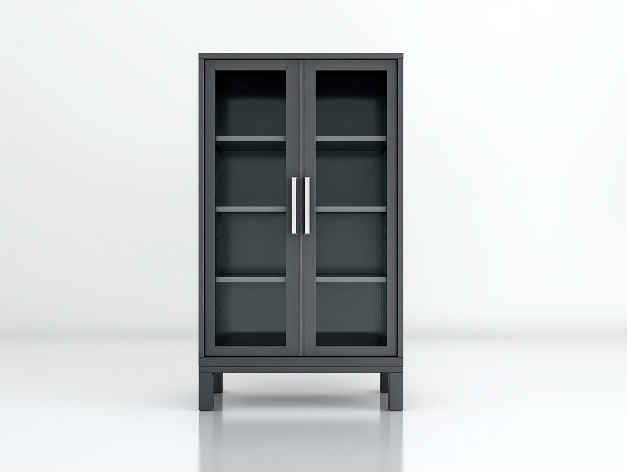 Buecherregal Glas Metall 80x40x180 cm Dunkelgrau - Modernes Industrial Design Vitrine mit 2 Tueren Wohnzimmer Schlafzimmer Aufbewahrung