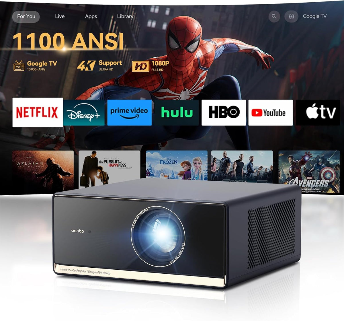 Smart Beamer 4K Heimkino Projektor - WANBO X5 Pro mit Google TV Netflix und 1100 ANSI - 1080P HDR10 Autofokus und Trapezkorrektur - WiFi Bluetooth und 12W HiFi Lautsprecher