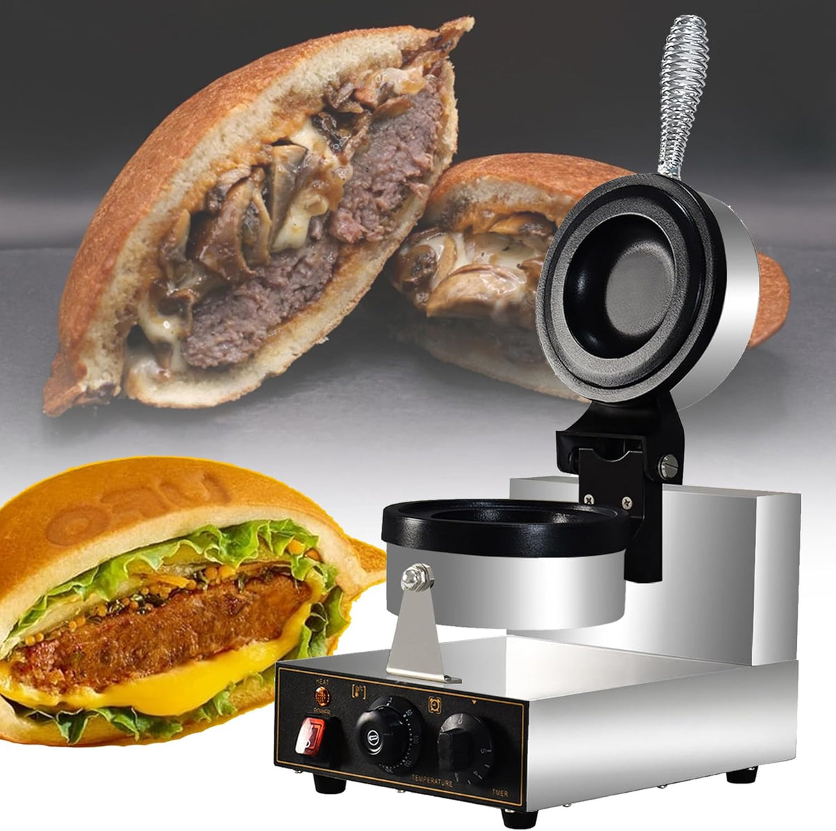 Elektrischer kommerzieller Burgermaker mit 1300W - Sandwich Presse mit beidseitiger Heizung - Antihaftbeschichtung - Waffeleisen für Eiscreme Burger mit 110V