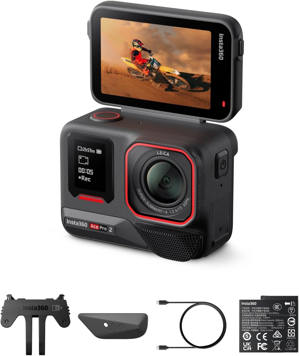 Insta360 Ace Pro 2 Standard Bundle - wasserdichte 8K Actionkamera mit 1,3 Zoll Sensor - Leica Entwicklung und Dual KI Chip System - Flip Bildschirm für Schwachlicht Audio und KI Editing