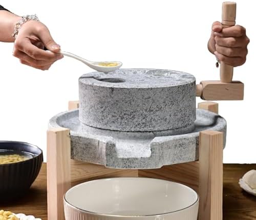 Generic manuelle Steinmühle mit Holzständer - für frisches Getreide und hausgemahlenes Mehl - handbetriebene Mahltechnik ohne Strom - traditionelle Küchenmühle für kleine Mengen