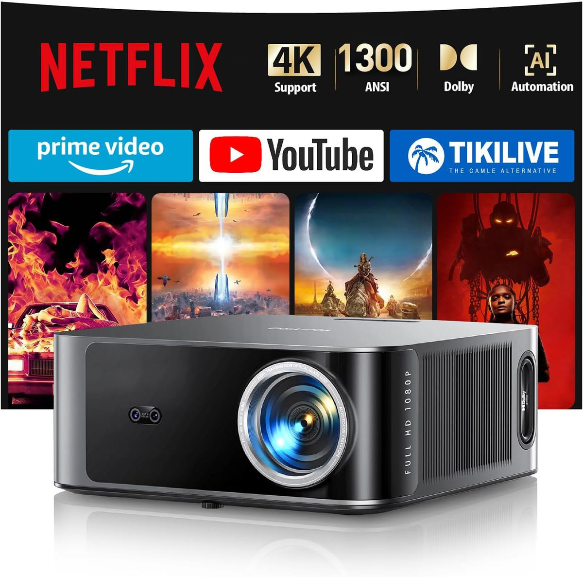 TOPTRO Smart Beamer 4K kompatibel - 1300 ANSI Lumen und Full HD 1080p - KI Autofokus mit Trapezkorrektur - Netflix Dolby Audio und WLAN für Heimkino