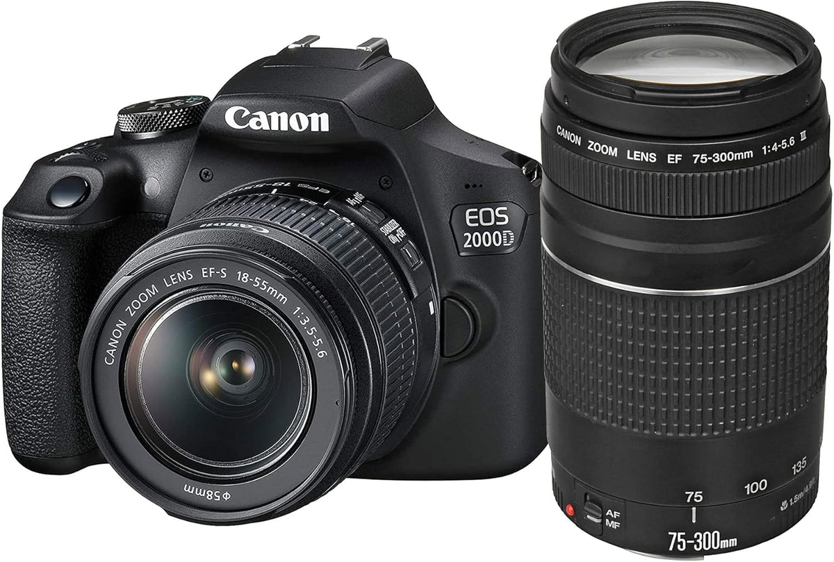 Canon EOS 2000D Spiegelreflexkamera Kit - 24,1 MP APS C mit DIGIC 4 Plus und Full HD - EF S 18 bis 55 mm und EF 75 bis 300 mm Objektive - WLAN und 3 Zoll LCD in Schwarz