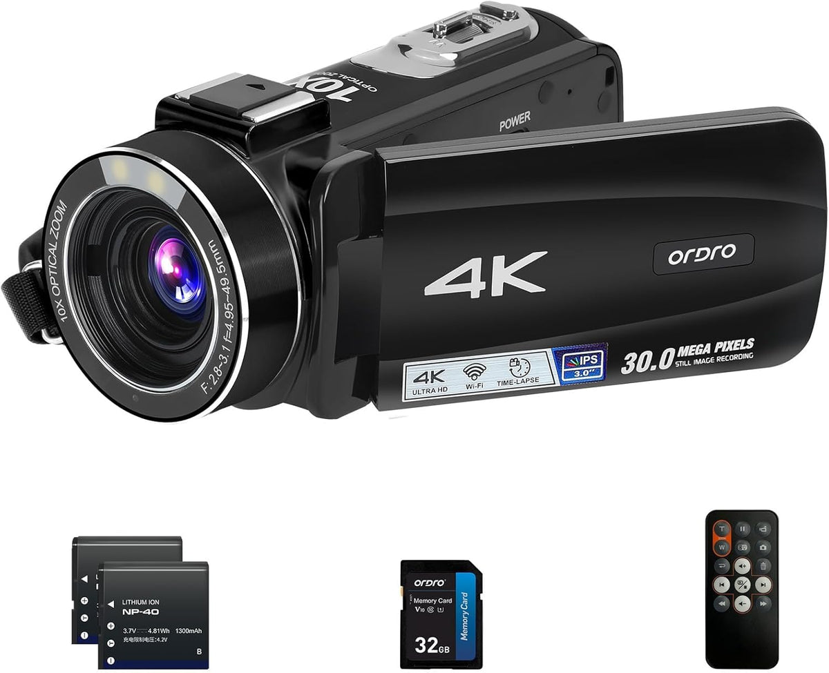ORDRO 4K Videokamera Camcorder Ultra HD - 10-fach optischer und 120-fach digitaler Zoom - WLAN Vlogging Kamera mit Autofokus - 32 GB Speicherkarte