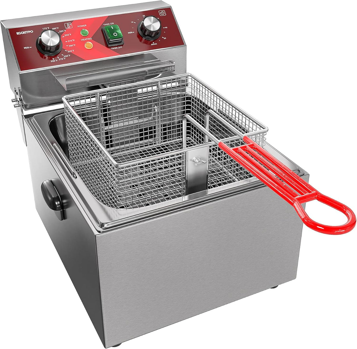EGGKITPO 1EGEF 101V Elektro Fritteuse 10 Liter - 2500 Watt Einzeltank Fritteuse aus Edelstahl - 60 Minuten Timer mit Korb - Für Küche und Restaurant