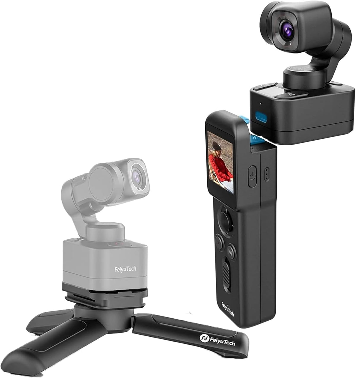 Feiyu Pocket 3 Kit Gimbal Kamera - 4K Ultra HD mit 12 MP Fotos - 3 Achsen Stabilisierung und Gesichtstracking - magnetische Basis mit abnehmbarem Griff