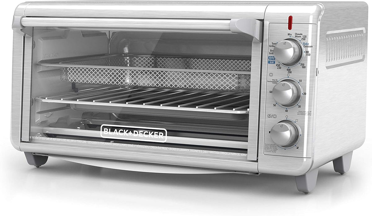 Black + Decker TO3265XSSD Crisp N Bake Air Fry Toaster - Extra breiter Heißluft Toaster mit 17 Liter Kapazität - Mit Timer - Silber für Backformen 22,9 x 33 cm