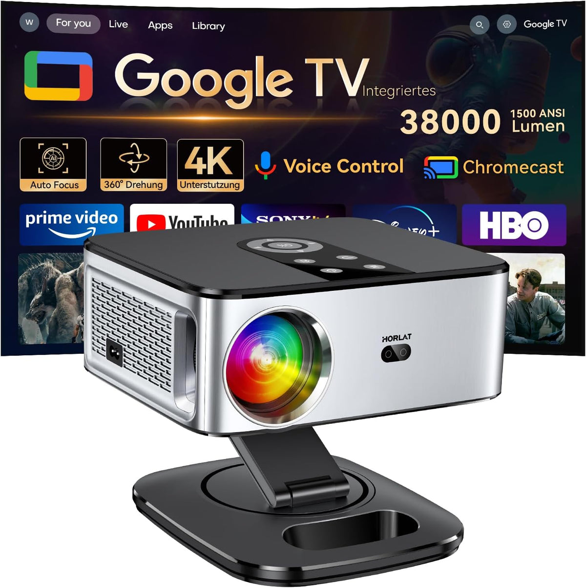Beamer 1500 ANSI und Google TV HORLAT Beamer 4K Heimkino - 1080P mit WiFi 6 Bluetooth und Sprachsteuerung - Autofokus Trapezkorrektur - 360 Grad drehbarer Ständer für flexible Projektion