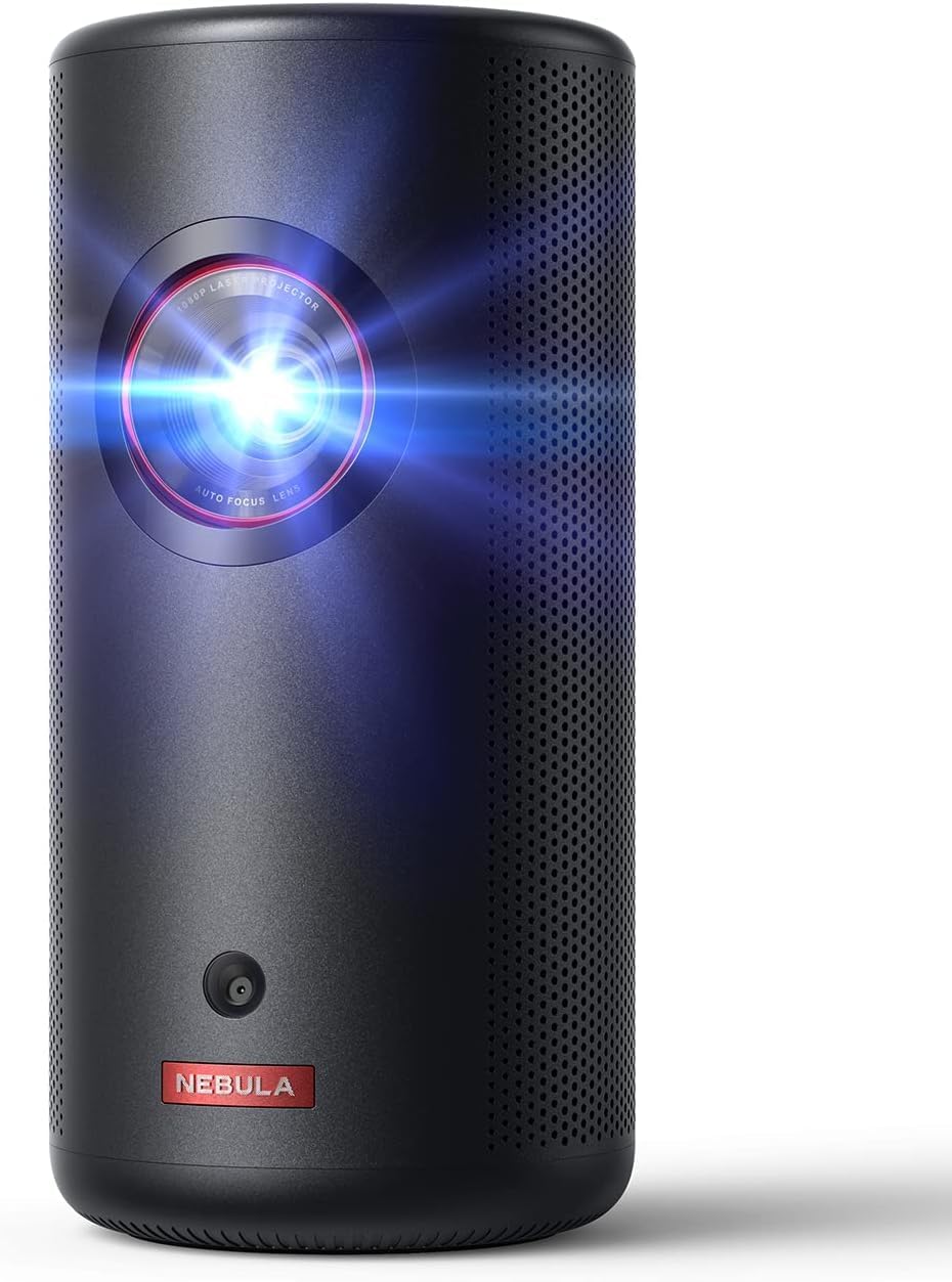 NEBULA Capsule 3 Laser GTV Beamer - Tragbarer 1080p Mini Projektor mit 300 ANSI Lumen - Google TV Dolby Digital und Autofokus - 120 Zoll Bild mit 2,5 Stunden Akku