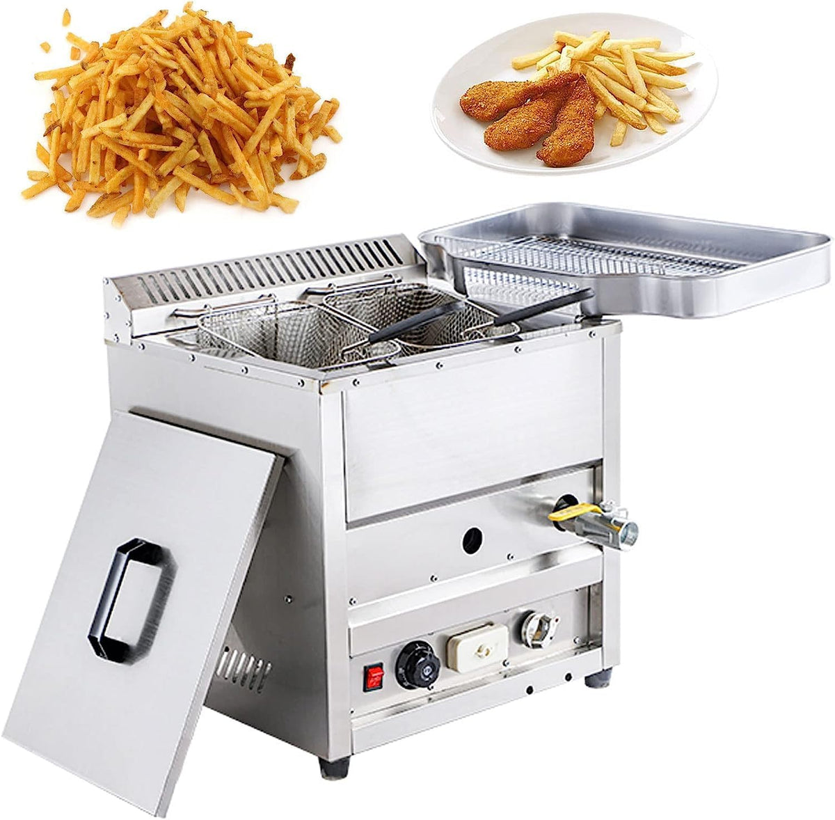 Propan Gas Fritteuse mit Temperaturkontrolle - großer Edelstahltank für Frittieröl - gasbetriebene Tischfritteuse - für die gewerbliche Lebensmittelzubereitung
