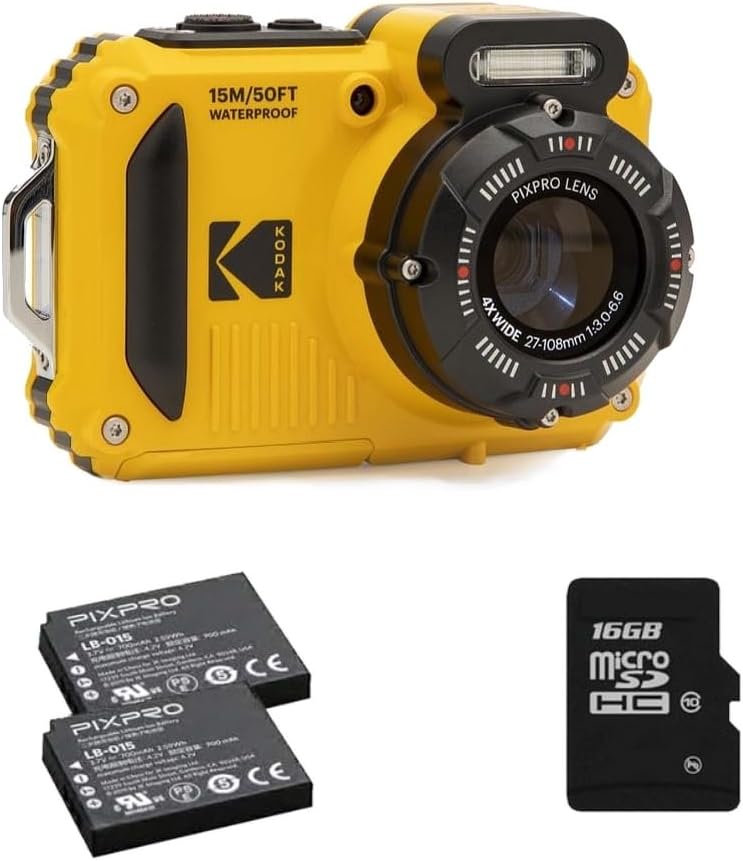 KODAK PIXPRO WPZ2 Kompaktkamera Set - 16 MP mit 4 fach optischem Zoom und 720p Video - Wasserdicht bis 15 m und stoßfest - Mit 2 Akkus SD Karte und 2,7 Zoll Display