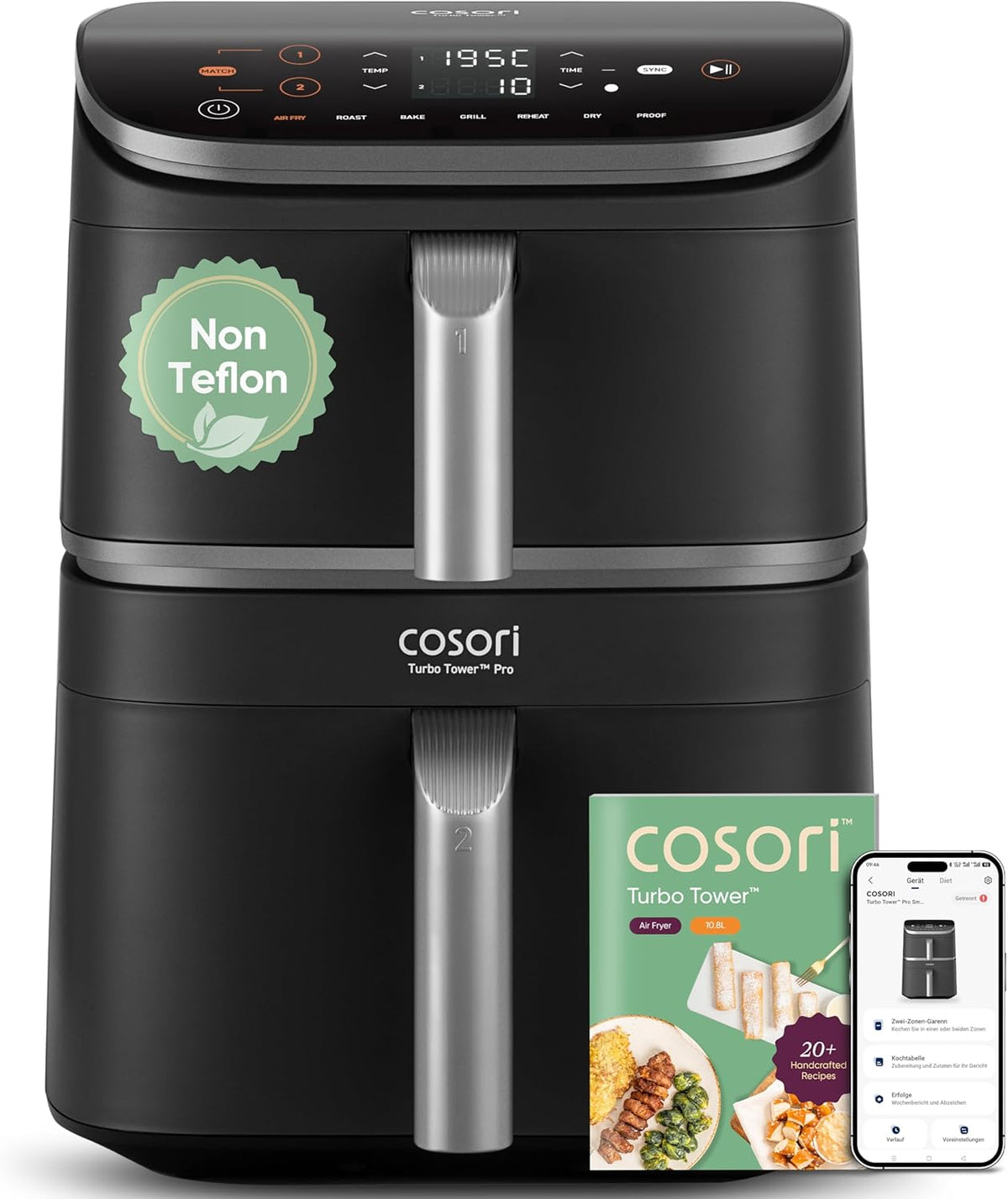 COSORI Turbo Tower Pro Smart Airfryer - 10,8L mit Keramikbeschichtung und DualBlaze Technologie - WLAN Steuerung und 5 Windgeschwindigkeiten - silbergraue Heißluftfritteuse