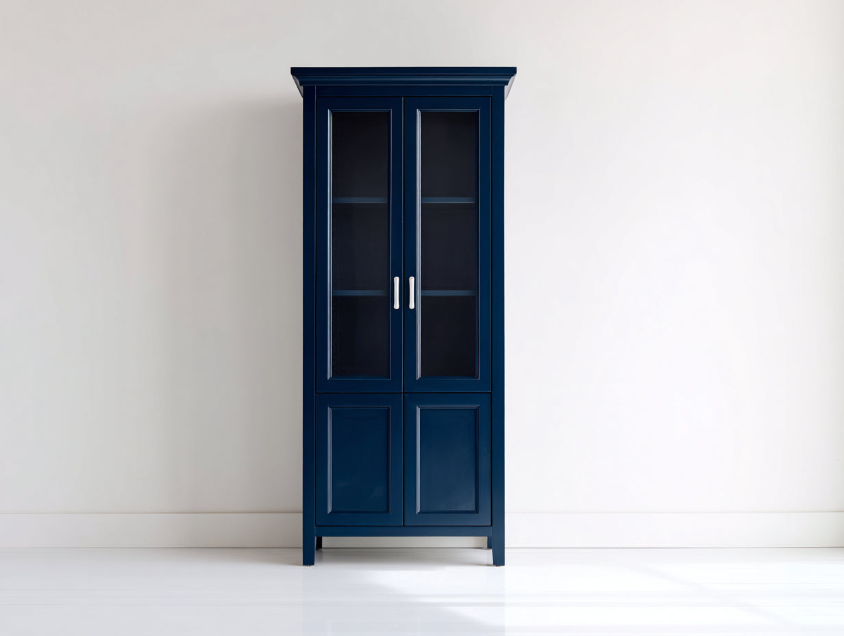 Bücherregal - Holzwerkstoff und Glas 80x40x200 cm - Dunkelblau - 4 Türen - Modernes Design