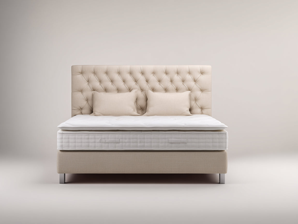 Doppelbett Polster Stoff Beige 200x180x110 cm - Boxspring Optik Gepolstertes Kopfteil Schlafzimmer Modern