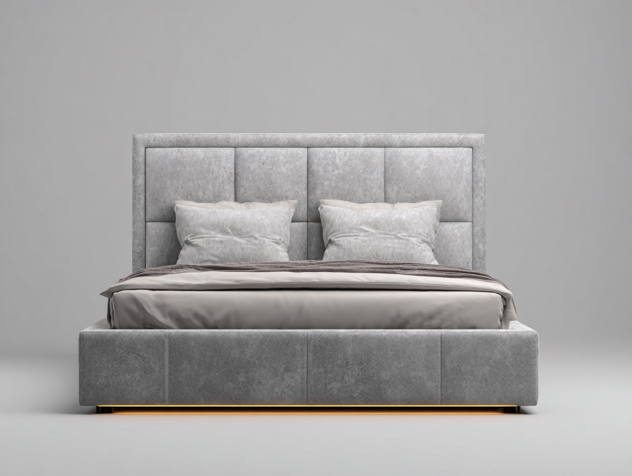 Doppelbett - Samtbezug 200x180x110 cm - Hellgrau - Gepolstertes Kopfteil - Modernes Design